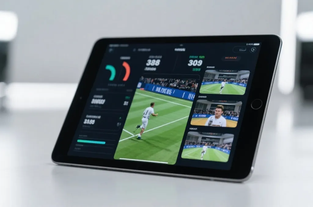 A sleek mobile tablet displaying real-time sports statistics and multi-angle live video feeds, clean modern look, soft studio lighting